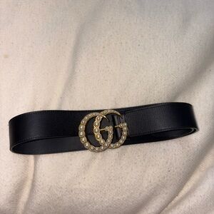 Gucci Moon Calfskin Pearl Double G 40mm Belt 75 30 Black Cream